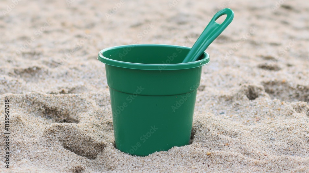 Strandabenteuer mit grünem Eimer und Spielzeugschaufel am Sandstrand Strandabenteuer mit grünem Eimer und Spielzeugschaufel am Sandstrand