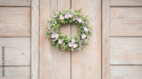 Schöner Frühlingsblumenkranz an rustikaler Holztür als saisonale Dekoration für Ihr Zuhause photo