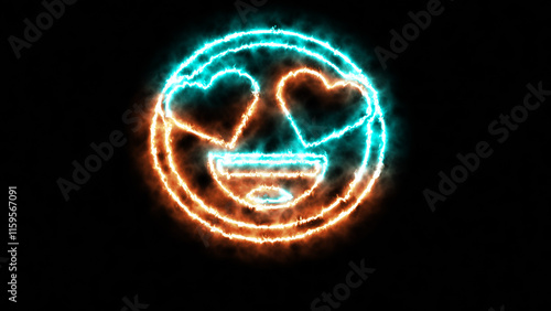 Emoticon Love It Neon Signs Style Text Vector for social media. Love smile with heart eye light glowing symbol in circle frame. Emoticon element of UI design for web, promotion, advertisement.