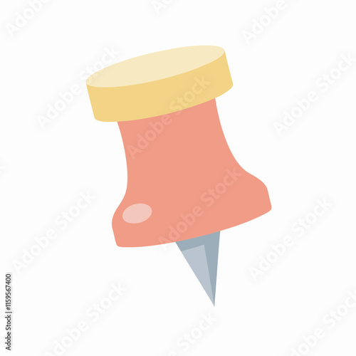 Cute cartoon push pin with plastic red top and needle. Thumbtack, pointer, fixation button head for attaching paper to notice and cork board. Hand drawn office and school stationery clipart isolated. 