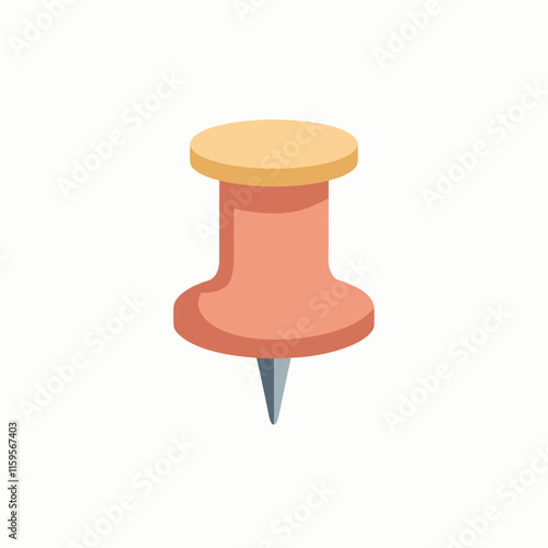 Cute cartoon push pin with plastic red top and needle. Thumbtack, pointer, fixation button head for attaching paper to notice and cork board. Hand drawn office and school stationery clipart isolated. 