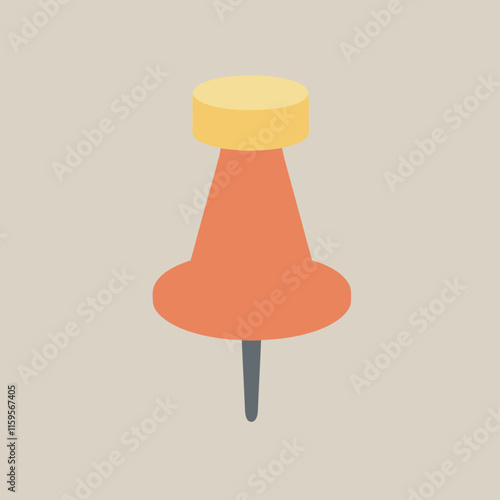 Cute cartoon push pin with plastic red top and needle. Thumbtack, pointer, fixation button head for attaching paper to notice and cork board. Hand drawn office and school stationery clipart isolated. 