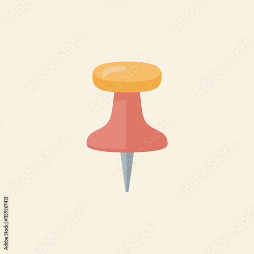 Cute cartoon push pin with plastic red top and needle. Thumbtack, pointer, fixation button head for attaching paper to notice and cork board. Hand drawn office and school stationery clipart isolated. 