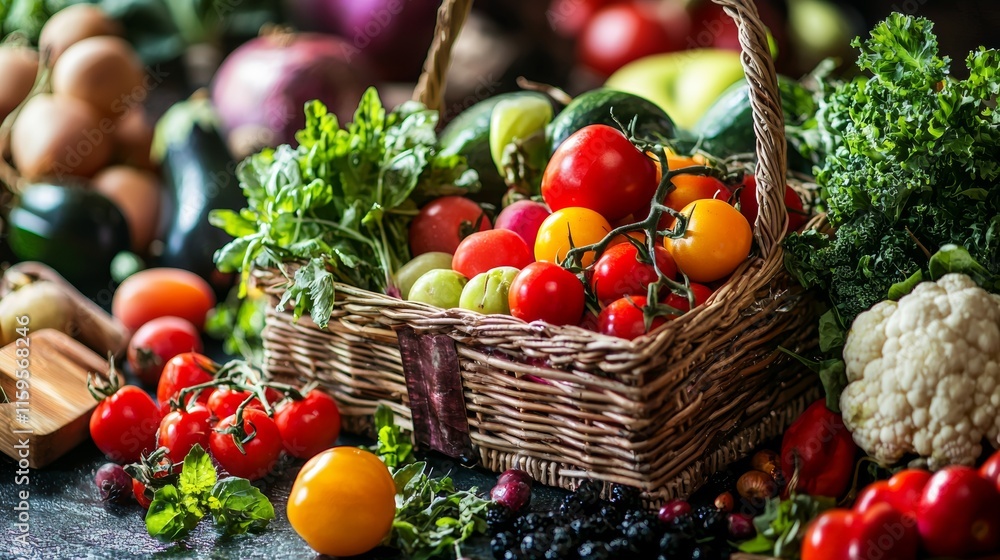 Basket filled with fresh vegetables in a rustic setting