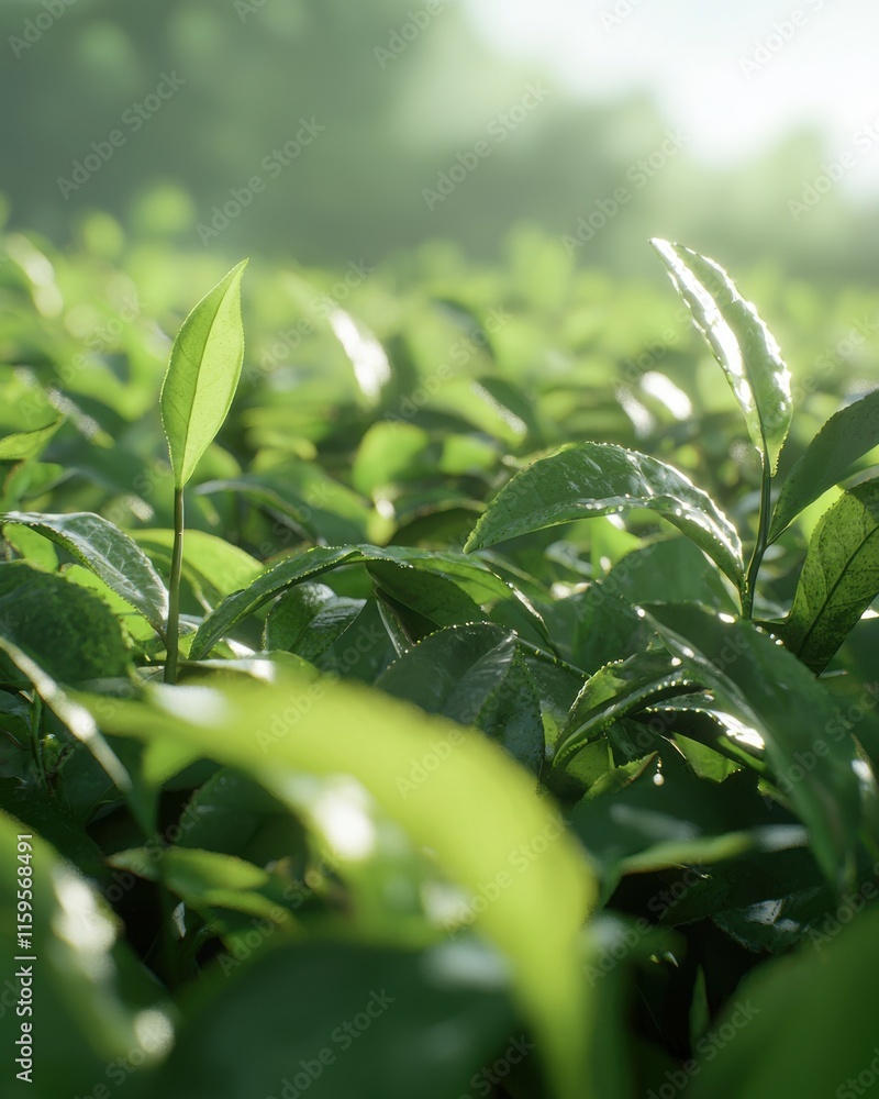 Obraz premium Refreshing green tea leaves in a lush field close-up serene environment nature's beauty
