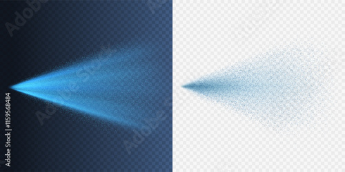 Water spray effects isolated on transparent background. Realistic light blue spray air freshener, shower or watering system. Vector fountain, mist, fog particles stream templates