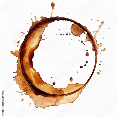 Decorative coffee cup stains form a unique circular pattern with splashes, ideal for badge design or artistic graphics photo