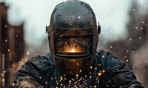 A welder focuses on their task, generating bright sparks in a gritty urban environment under cloudy skies
