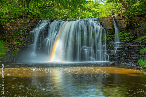 Rainforest waterfall with rainbow mist