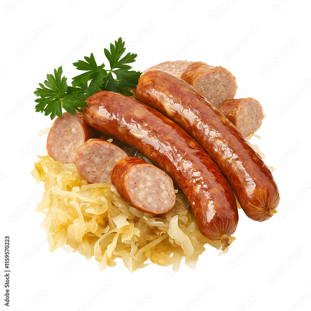Juicy Sausage and sauerkraut isolated on transparent background Juicy Sausage and sauerkraut isolated on transparent background