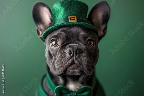 A charming French bulldog wears a green Leprechaun outfit and hat, showcasing its adorable expression in a festive setting photo