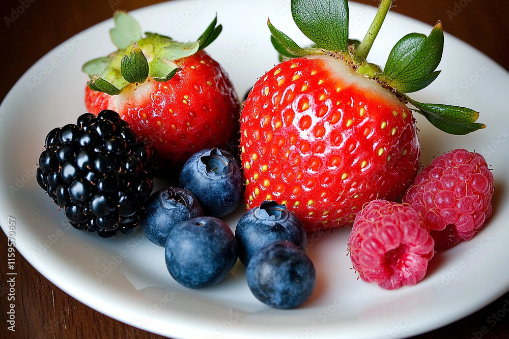 Obraz premium Fresh berries on a white plate for enjoyment