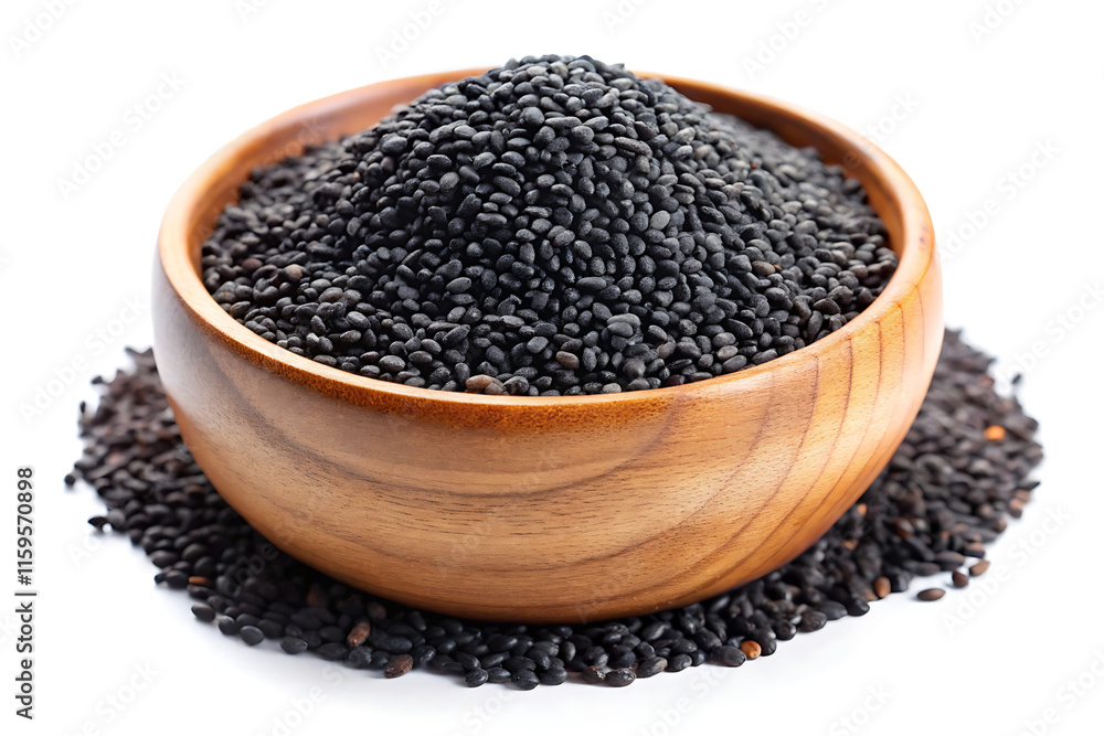 black sesame in wood bowl isolated on white background black sesame in wood bowl isolated on white background