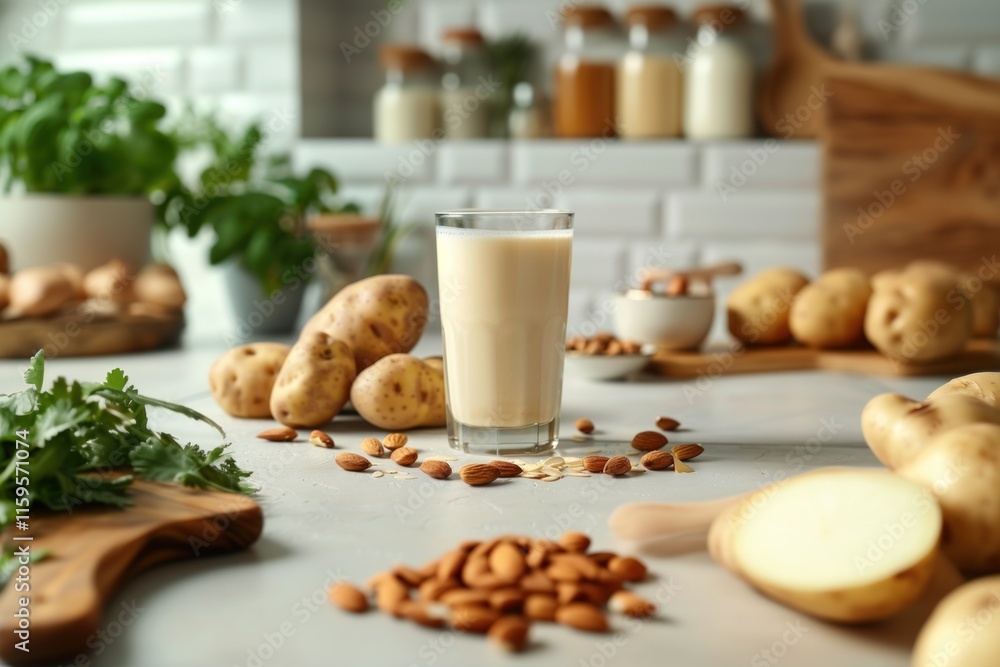 Potato milk sits in a clear glass on a countertop with whole potatoes, almonds, and fresh herbs arranged around it in a cozy kitchen Potato milk sits in a clear glass on a countertop with whole potatoes, almonds, and fresh herbs arranged around it in a cozy kitchen