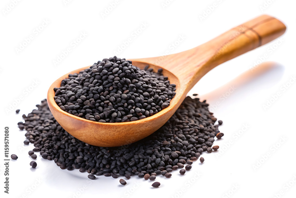 black sesame seeds in wooden spoon isolated on white background black sesame seeds in wooden spoon isolated on white background