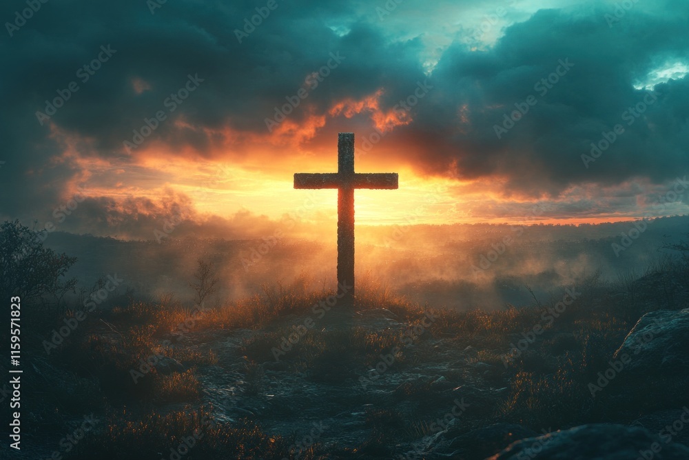 A cross stands majestically against a vibrant sunrise, symbolizing hope and renewal during Easter. The landscape is serene and inspiring A cross stands majestically against a vibrant sunrise, symbolizing hope and renewal during Easter. The landscape is serene and inspiring