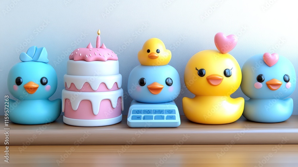 Cute ducklings with cake celebrating birthday. Cute ducklings with cake celebrating birthday.
