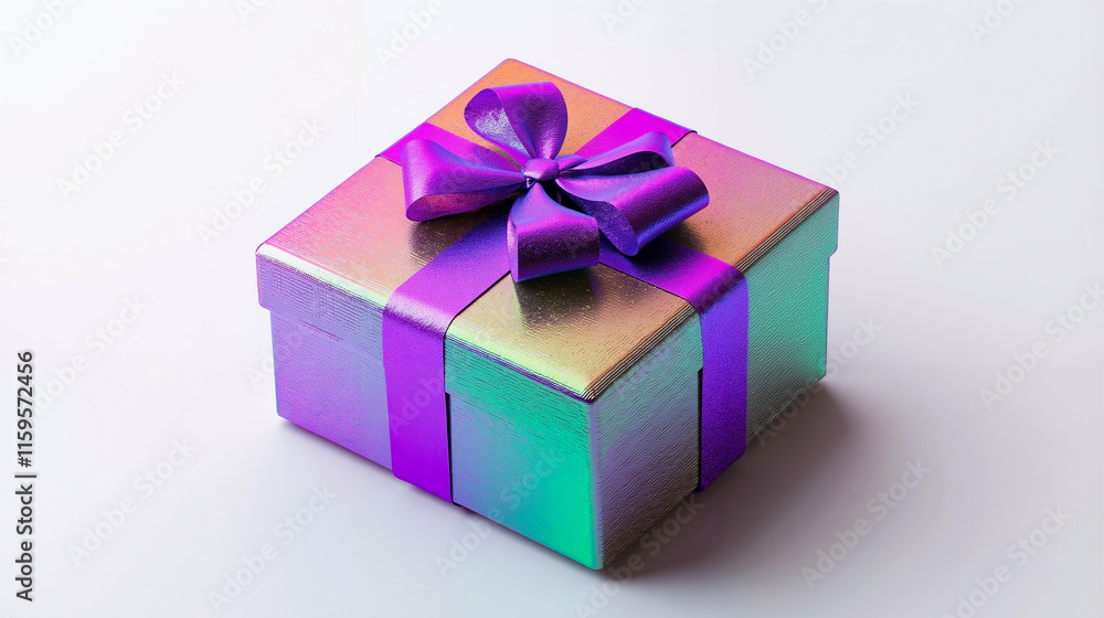 A colorful gift box with a purple bow on top A colorful gift box with a purple bow on top