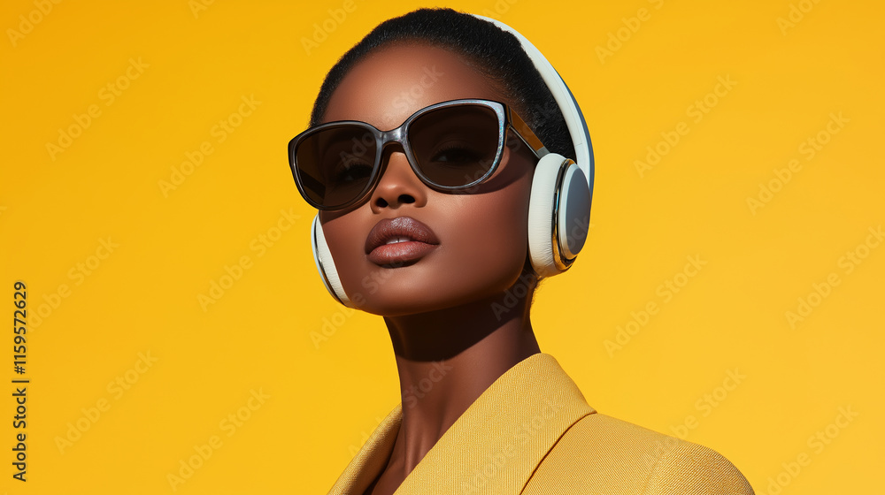 Stylish model wearing wireless headphones and sunglasses while posing on a vibrant yellow background, showcasing modern audio technology and fashion trends Stylish model wearing wireless headphones and sunglasses while posing on a vibrant yellow background, showcasing modern audio technology and fashion trends