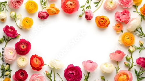 Wallpaper Mural Frame of red and orange ranunculus flowers on white background. Stylish fashion frame. Wedding design. Mother's Day greeting card, spring sale, copyspace banner. Valentine's Day poster. Torontodigital.ca