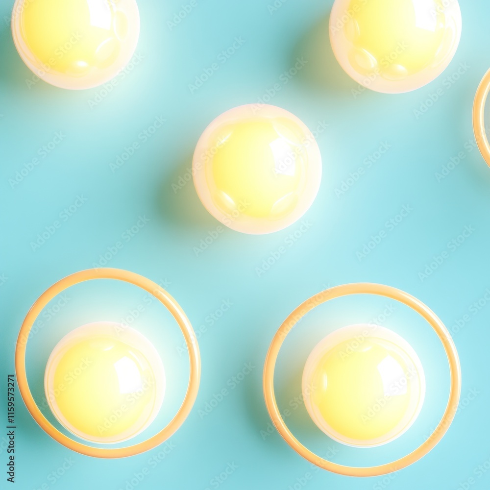 Abstract pastel yellow spheres and gold rings on blue background.