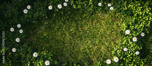Summer meadow abundant with white daisies A beautiful field of green grass and daisies is shown from a top down perspective creating a natural backdrop Top view with copy space