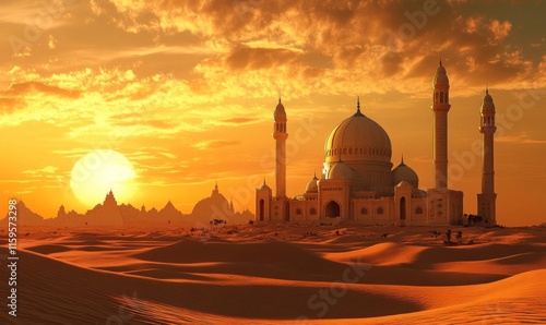 A stunning mosque stands tall amidst serene sand dunes as the sun sets, casting a warm glow over the desert landscape photo