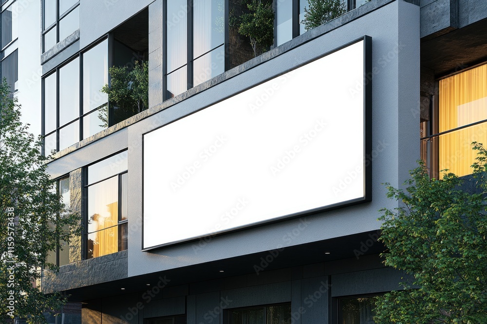 Projecting sign mockup installed on building facade, showcasing a blank canvas for potential advertisements in a contemporary urban area Projecting sign mockup installed on building facade, showcasing a blank canvas for potential advertisements in a contemporary urban area