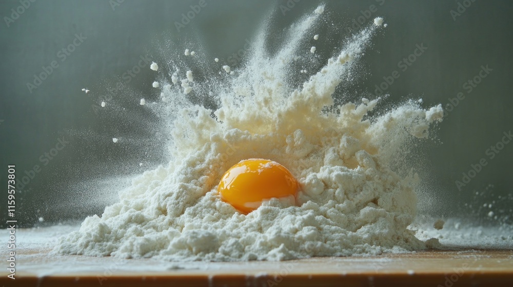 White flour surrounds a cracked egg on a kitchen counter, illustrating the moment of mixing ingredients for baking White flour surrounds a cracked egg on a kitchen counter, illustrating the moment of mixing ingredients for baking