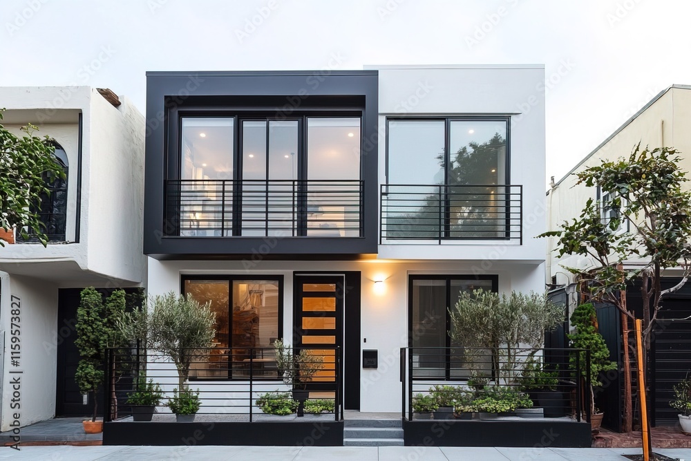 stylish minimalist townhouse with a black and white exterior, surrounded by small potted plants and modern railings stylish minimalist townhouse with a black and white exterior, surrounded by small potted plants and modern railings