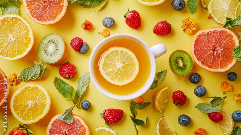 Fresh citrus fruits and berries on a yellow background Fresh citrus fruits and berries on a yellow background