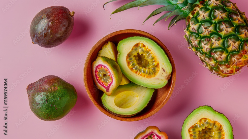 Top view of wooden bowl with tropical fruits, mango, avocado, papaya, soft pink backdrop.