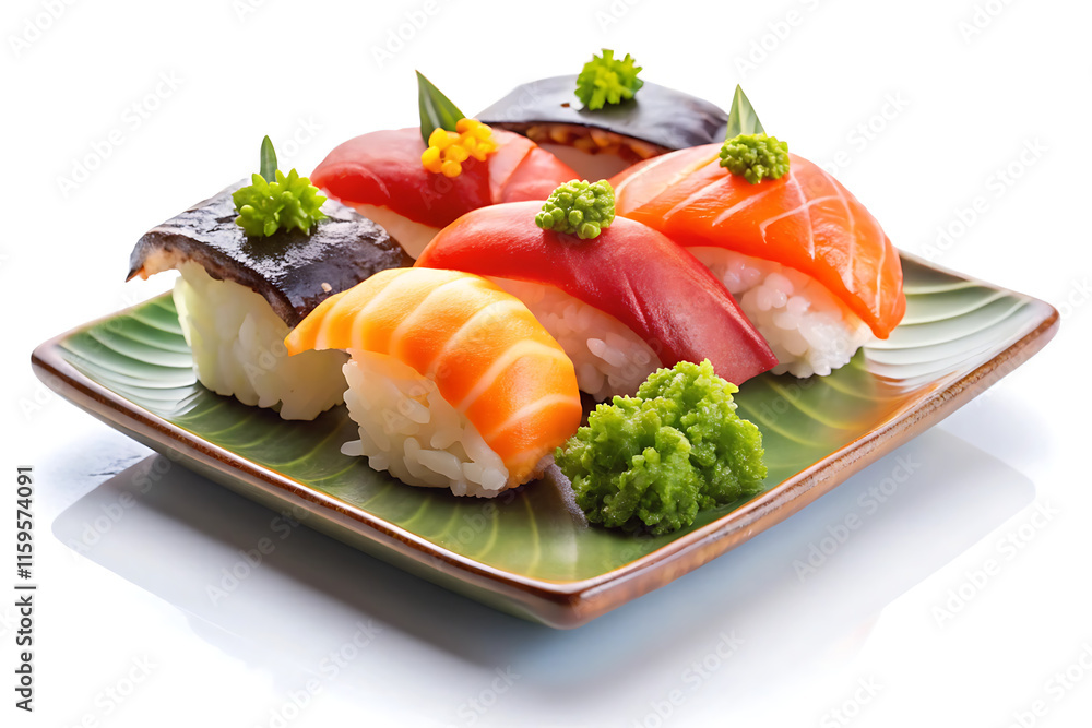 delicious nigiri sushi in plate isolated on white delicious nigiri sushi in plate isolated on white