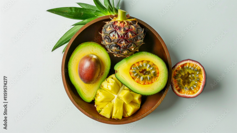 Top view of wooden bowl with tropical fruits, mango, avocado, papaya, wellness concept.