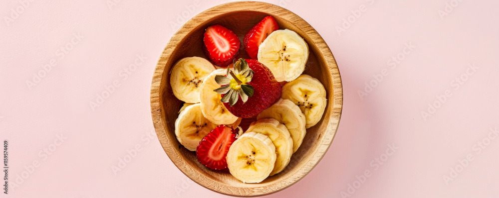 Sliced strawberries and bananas in a wooden bowl, light pink pastel background, healthy.