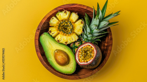 Top view of wooden bowl with tropical fruits, mango, avocado, papaya, wellness concept.