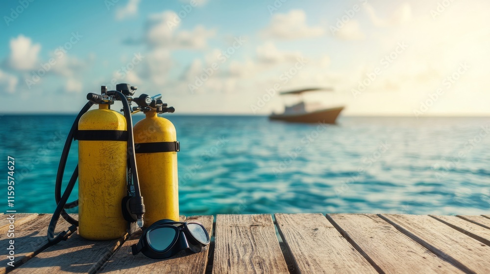 Scuba diving equipment placed on a wooden dock, with a diving boat anchored nearby and the ocean in the background, creates an adventurous composition Scuba diving equipment placed on a wooden dock, with a diving boat anchored nearby and the ocean in the background, creates an adventurous composition