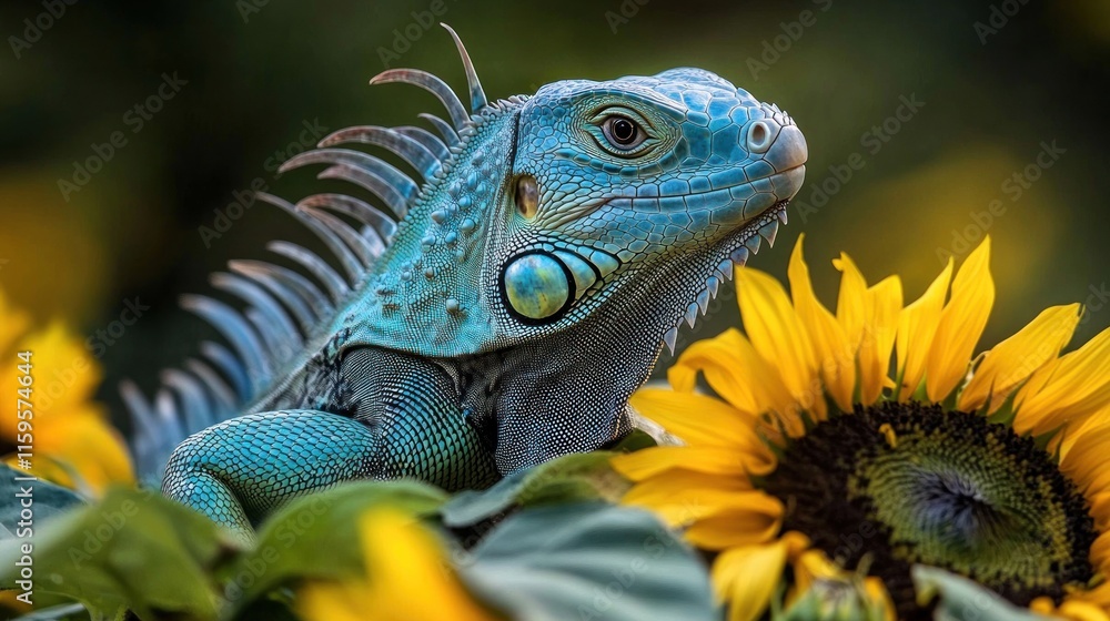 Fototapeta premium Blue iguana amidst sunflowers.