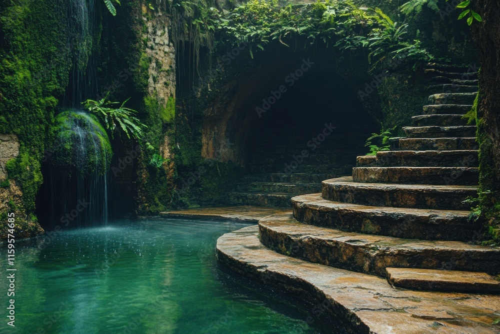 A tranquil natural pool nestled within rocky walls, surrounded by vibrant greenery, offers a peaceful retreat for visitors A tranquil natural pool nestled within rocky walls, surrounded by vibrant greenery, offers a peaceful retreat for visitors