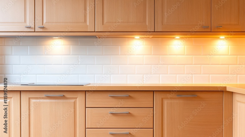 Warm under-cabinet lighting illuminates white tiled backsplash and wooden cabinets in a traditional kitchen Warm under-cabinet lighting illuminates white tiled backsplash and wooden cabinets in a traditional kitchen