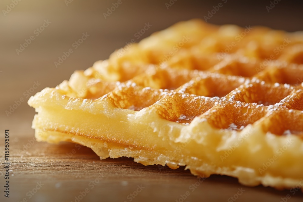 Golden Waffle dusted with powdered sugar on wood Golden Waffle dusted with powdered sugar on wood