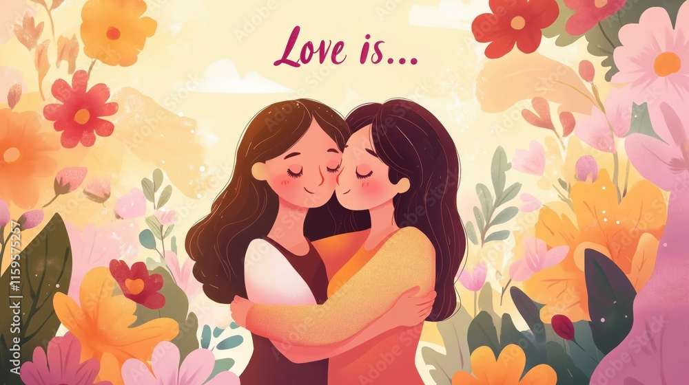 Illustration of Diverse Women Hugging in a Blooming Floral Environment Illustration of Diverse Women Hugging in a Blooming Floral Environment
