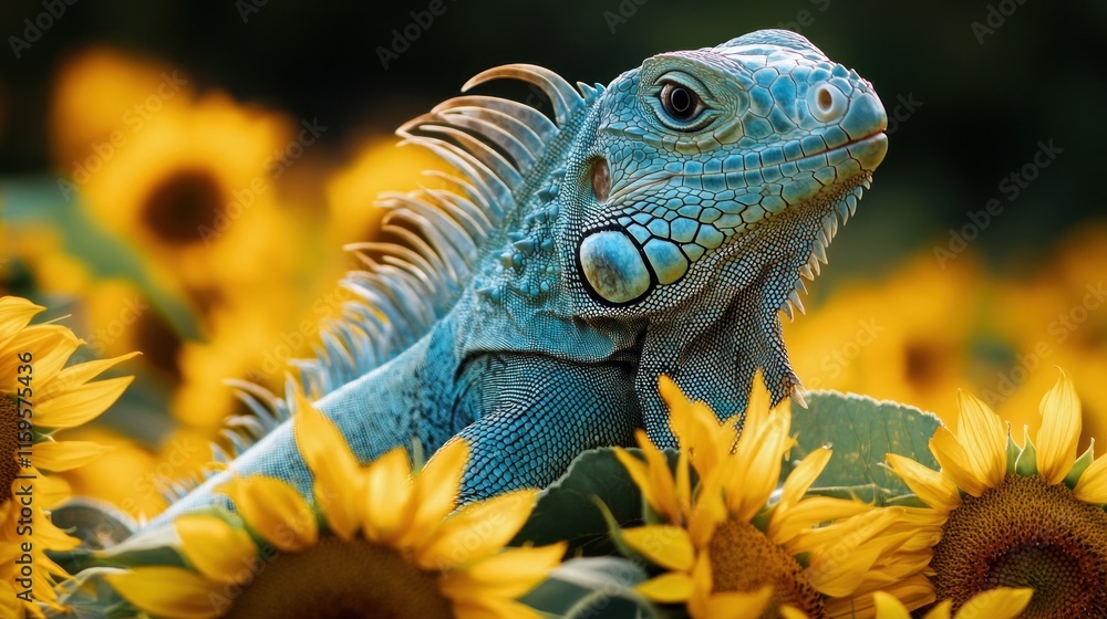 Fototapeta premium Blue iguana amidst vibrant sunflowers. (2)