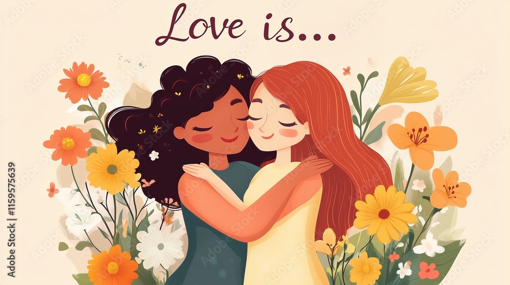 Illustration of Diverse Women Hugging in a Blooming Floral Environment Illustration of Diverse Women Hugging in a Blooming Floral Environment