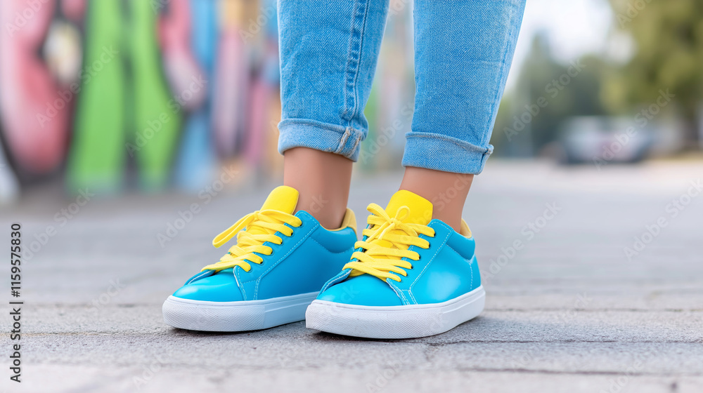 Trendy urban fashion featuring close-up of stylish sneakers paired with rolled-up jeans, highlighting casual street style Trendy urban fashion featuring close-up of stylish sneakers paired with rolled-up jeans, highlighting casual street style