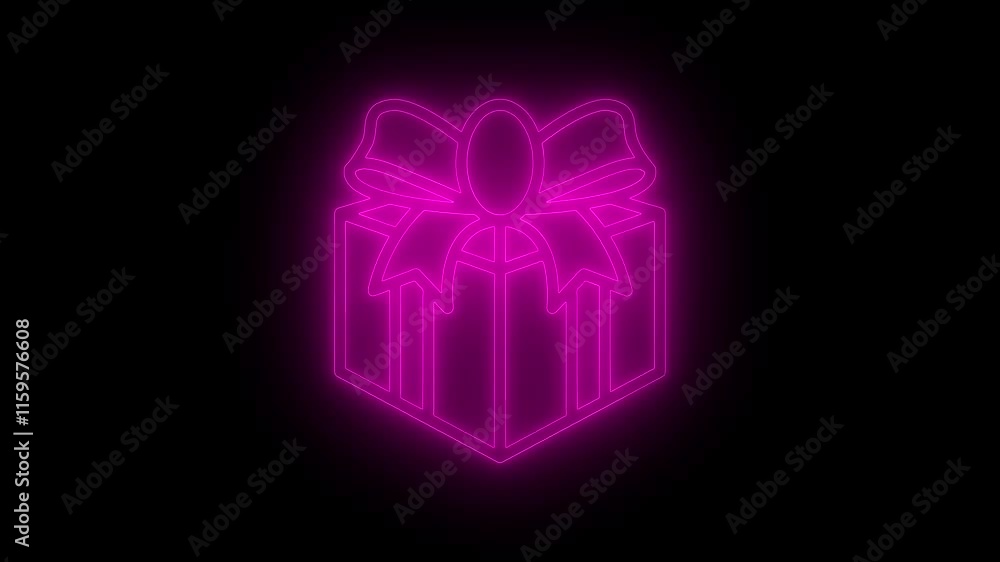 Glowing neon sign gift box icon on black background. Gift box line icon. Glowing neon sign gift box icon on black background. Gift box line icon.