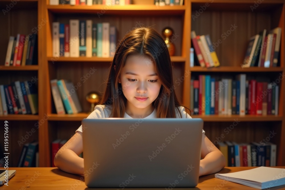 Girl focused on laptop in cozy library. Mock up for business and advertising Girl focused on laptop in cozy library. Mock up for business and advertising
