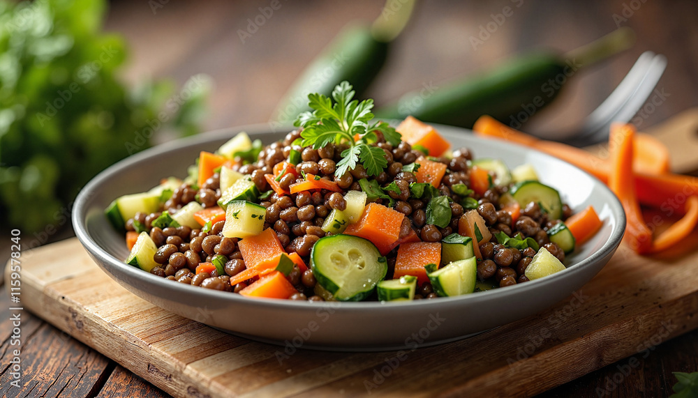 Lentil vegetable salad with fresh herbs on wooden table Lentil vegetable salad with fresh herbs on wooden table