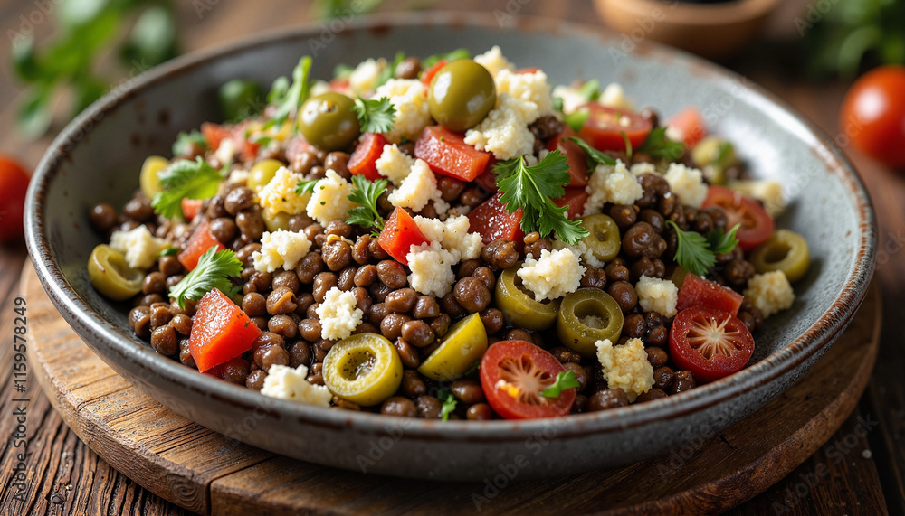 Colorful salad with olives and tomatoes in rustic bowl Colorful salad with olives and tomatoes in rustic bowl
