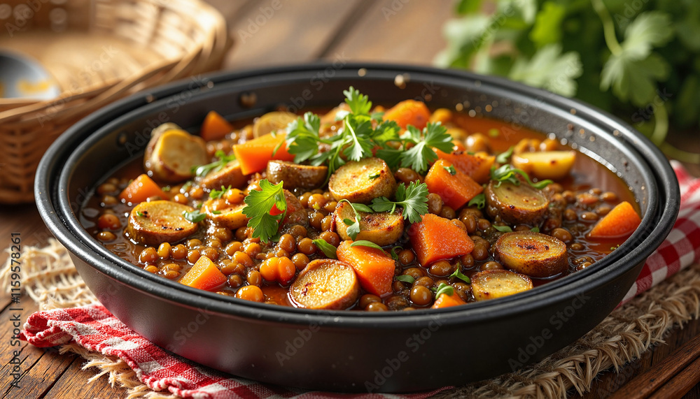Delicious lentil stew with vegetables in rustic bowl Delicious lentil stew with vegetables in rustic bowl